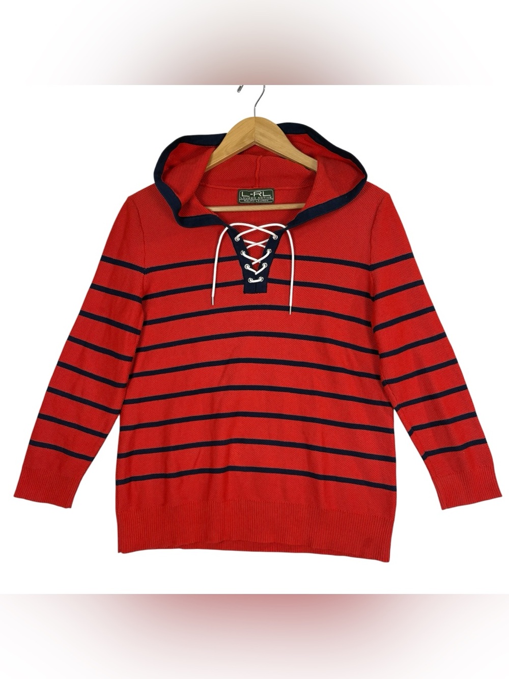 Lauren Ralph Lauren Active VTG Nautical Red Striped Lace-up Hooded Sweater Sz S?